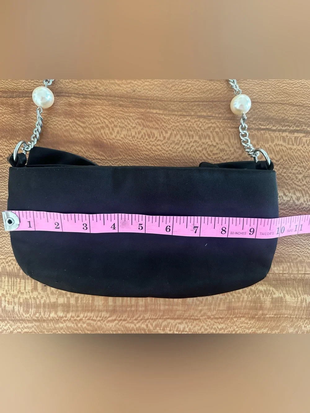 White House Black Market Black Bow-Front Evening Shoulder Bag with Pearl Chain